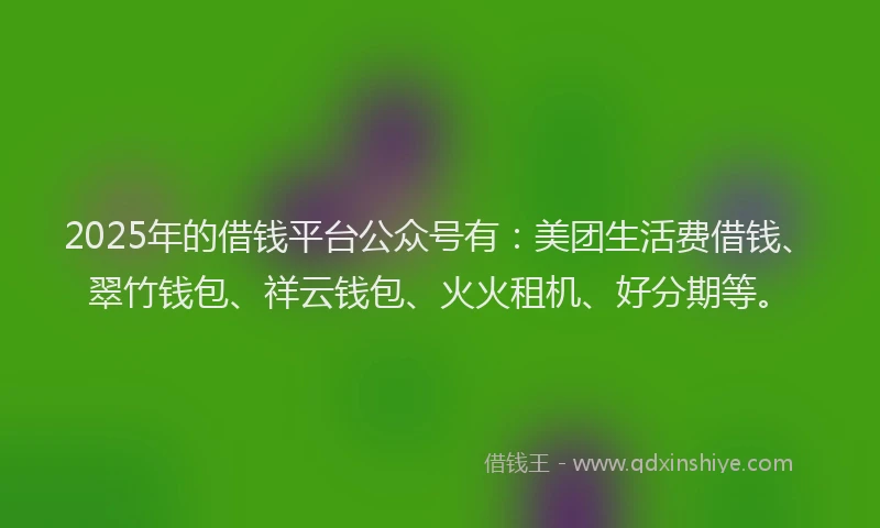 2025年的借钱平台公众号有：美团生活费借钱、翠竹钱包、祥云钱包、火火租机、好分期等。