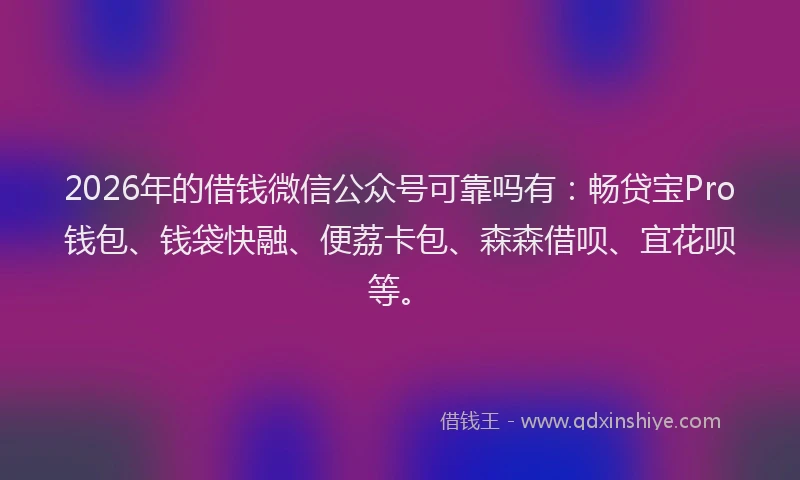 2026年的借钱微信公众号可靠吗有:畅贷宝Pro钱包、钱袋快融、便荔卡包、森森借呗、宜花呗等。
