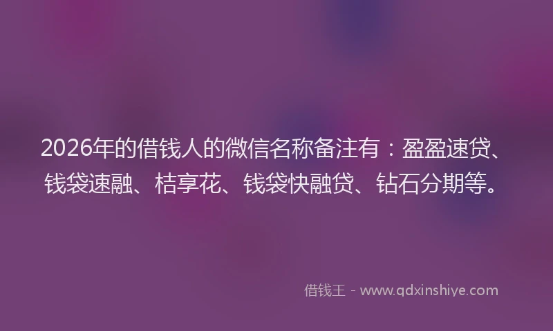 2026年的借钱人的微信名称备注有:盈盈速贷、钱袋速融、桔享花、钱袋快融贷、钻石分期等。