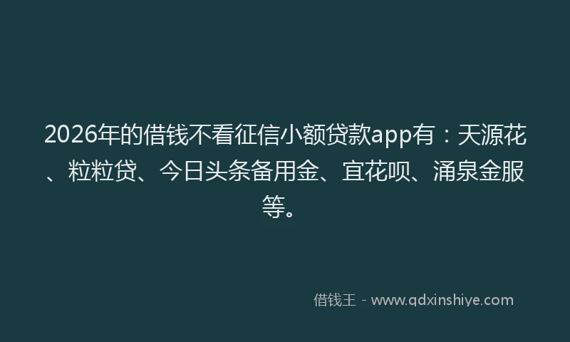 2026年的借钱不看征信小额贷款app有：天源花、粒粒贷、今日头条备用金、宜花呗、涌泉金服等。