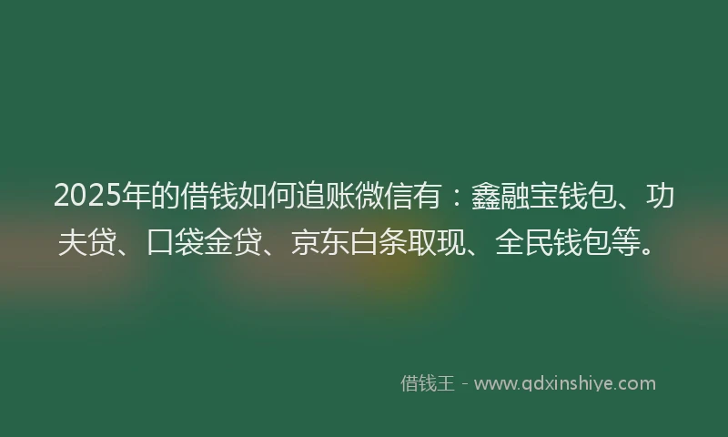 2025年的借钱如何追账微信有:鑫融宝钱包、功夫贷、口袋金贷、京东白条取现、全民钱包等。