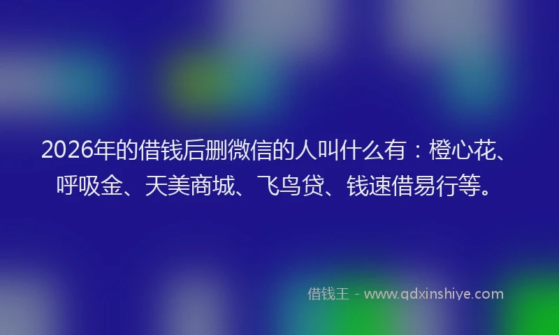 2026年的借钱后删微信的人叫什么有:橙心花、呼吸金、天美商城、飞鸟贷、钱速借易行等。