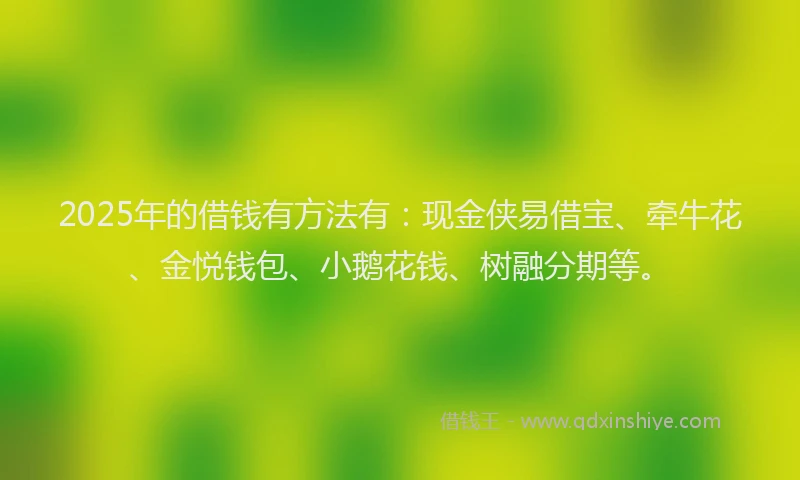 2025年的借钱有方法有:现金侠易借宝、牵牛花、金悦钱包、小鹅花钱、树融分期等。