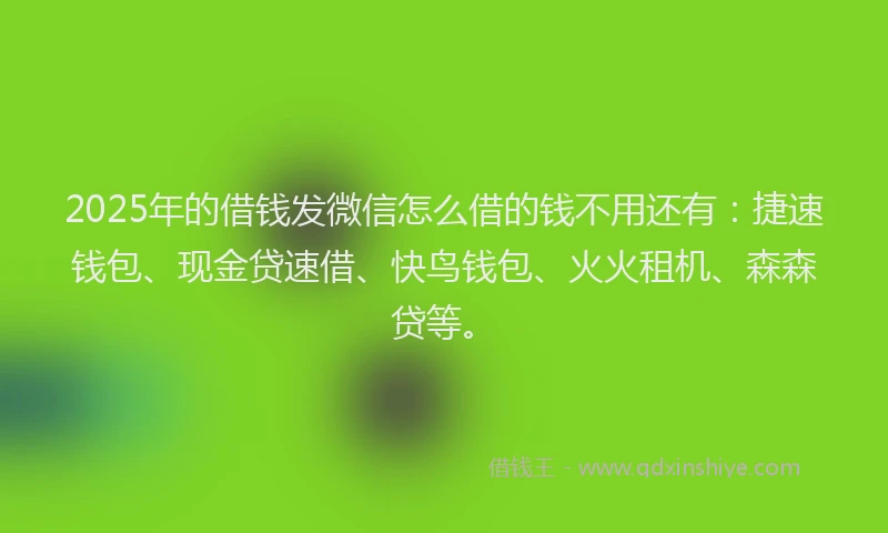 2025年的借钱发微信怎么借的钱不用还有：捷速钱包、现金贷速借、快鸟钱包、火火租机、森森贷等。