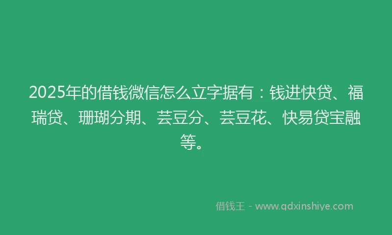 2025年的借钱微信怎么立字据有：钱进快贷、福瑞贷、珊瑚分期、芸豆分、芸豆花、快易贷宝融等。