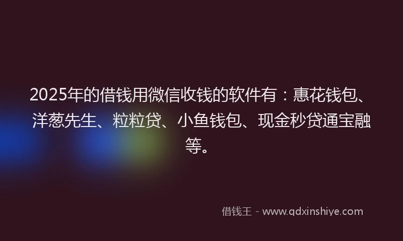2025年的借钱用微信收钱的软件有：惠花钱包、洋葱先生、粒粒贷、小鱼钱包、现金秒贷通宝融等。