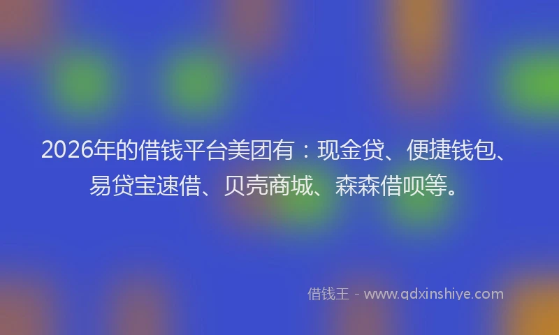 2026年的借钱平台美团有：现金贷、便捷钱包、易贷宝速借、贝壳商城、森森借呗等。
