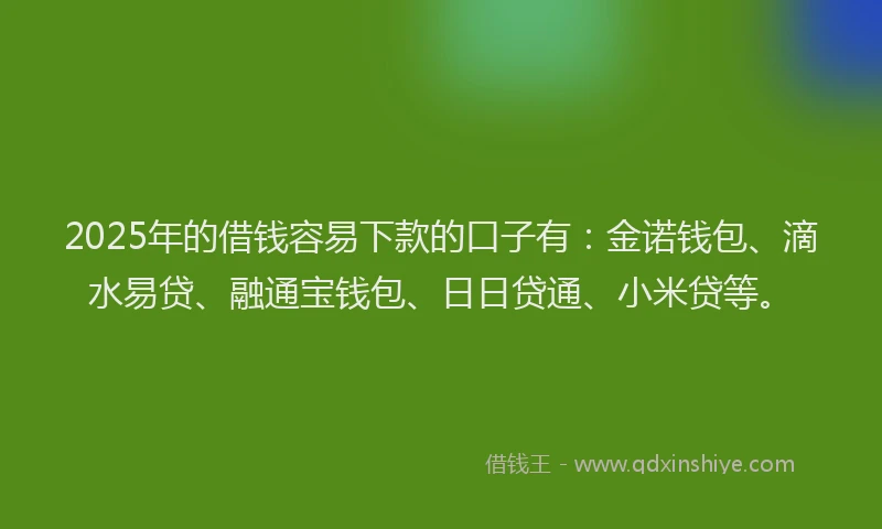 2025年的借钱容易下款的口子有:金诺钱包、滴水易贷、融通宝钱包、日日贷通、小米贷等。