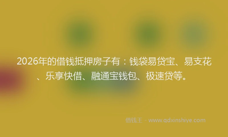 2026年的借钱抵押房子有:钱袋易贷宝、易支花、乐享快借、融通宝钱包、极速贷等。