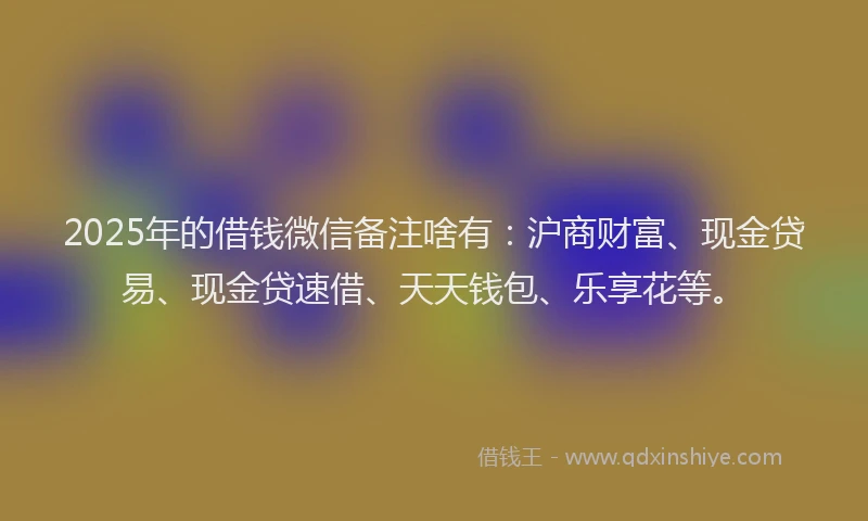 2025年的借钱微信备注啥有：沪商财富、现金贷易、现金贷速借、天天钱包、乐享花等。