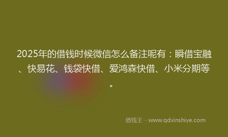 2025年的借钱时候微信怎么备注呢有：瞬借宝融、快易花、钱袋快借、爱鸿森快借、小米分期等。