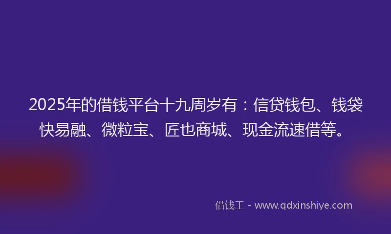 2025年的借钱平台十九周岁有:信贷钱包、钱袋快易融、微粒宝、匠也商城、现金流速借等。
