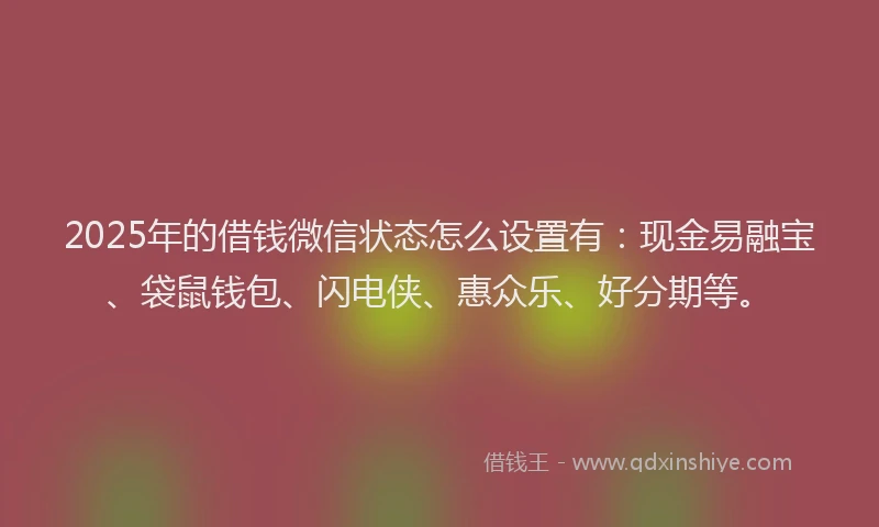 2025年的借钱微信状态怎么设置有：现金易融宝、袋鼠钱包、闪电侠、惠众乐、好分期等。
