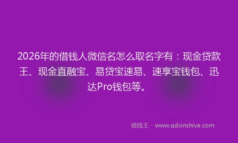 2026年的借钱人微信名怎么取名字有：现金贷款王、现金直融宝、易贷宝速易、速享宝钱包、迅达Pro钱包等。