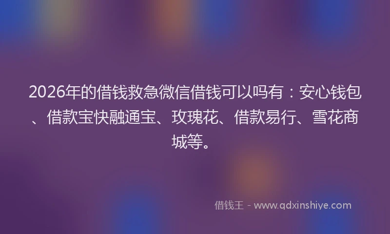 2026年的借钱救急微信借钱可以吗有：安心钱包、借款宝快融通宝、玫瑰花、借款易行、雪花商城等。