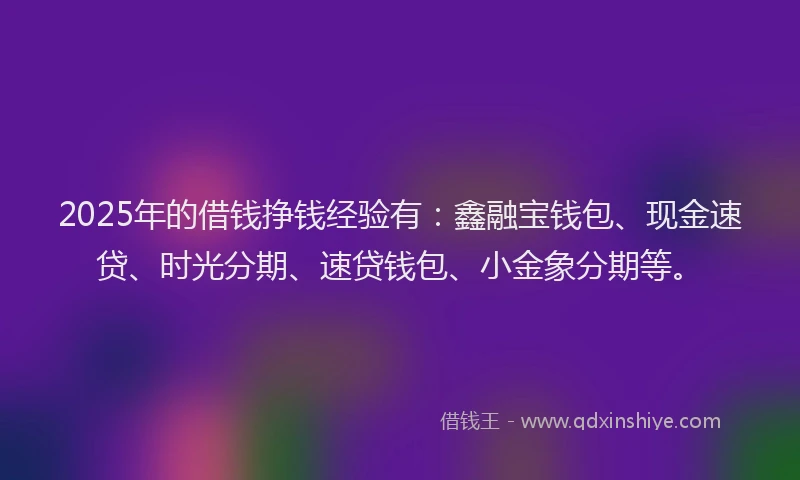 2025年的借钱挣钱经验有:鑫融宝钱包、现金速贷、时光分期、速贷钱包、小金象分期等。