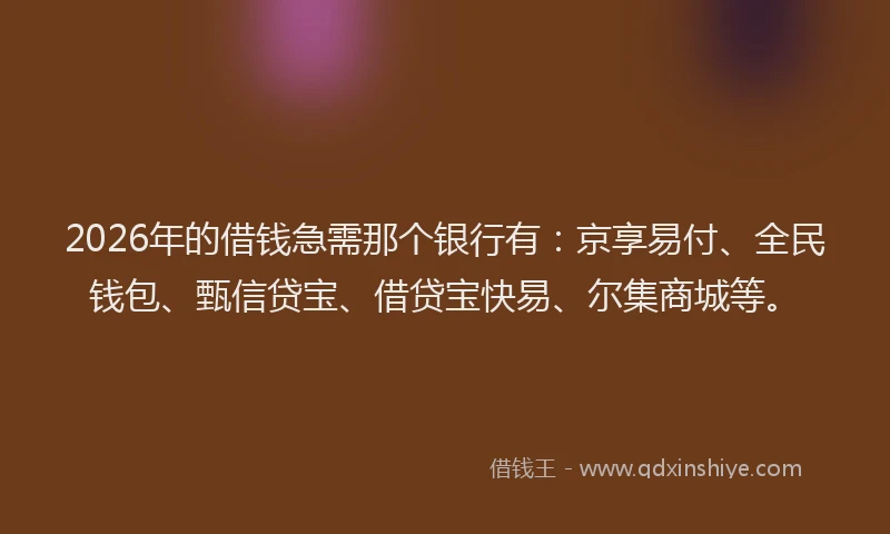 2026年的借钱急需那个银行有：京享易付、全民钱包、甄信贷宝、借贷宝快易、尔集商城等。