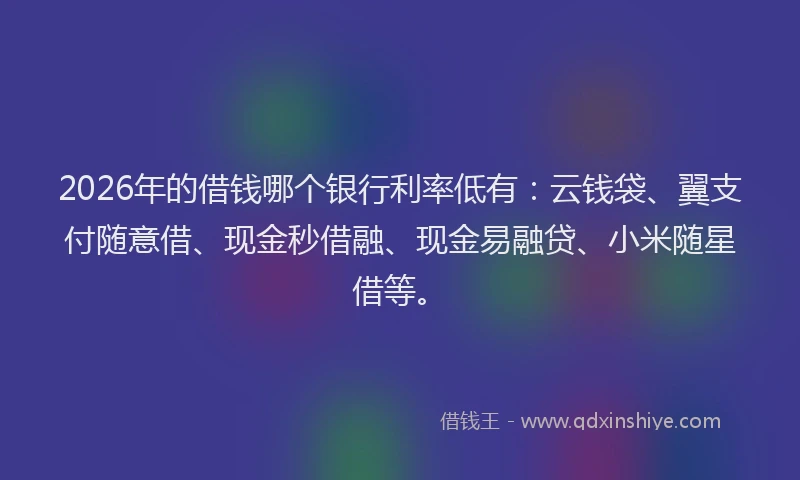 2026年的借钱哪个银行利率低有：云钱袋、翼支付随意借、现金秒借融、现金易融贷、小米随星借等。