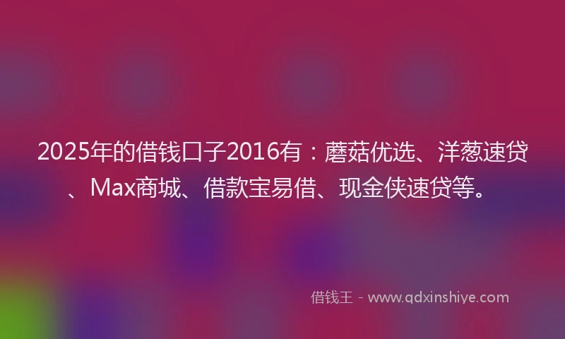 2025年的借钱口子2016有:蘑菇优选、洋葱速贷、Max商城、借款宝易借、现金侠速贷等。