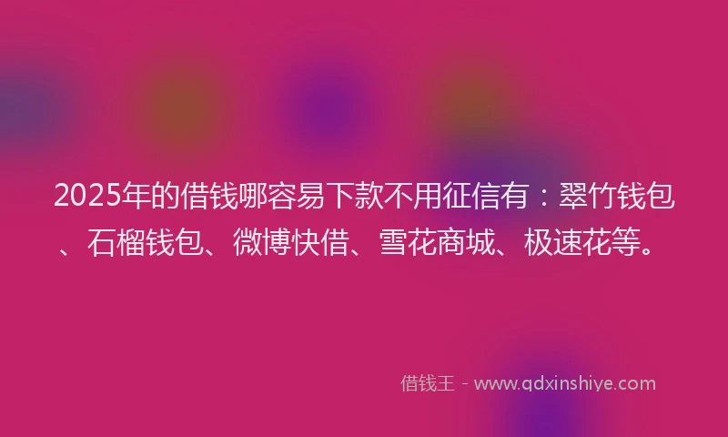 2025年的借钱哪容易下款不用征信有：翠竹钱包、石榴钱包、微博快借、雪花商城、极速花等。