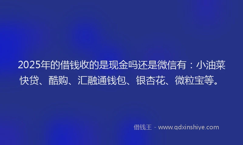 2025年的借钱收的是现金吗还是微信有:小油菜快贷、酷购、汇融通钱包、银杏花、微粒宝等。
