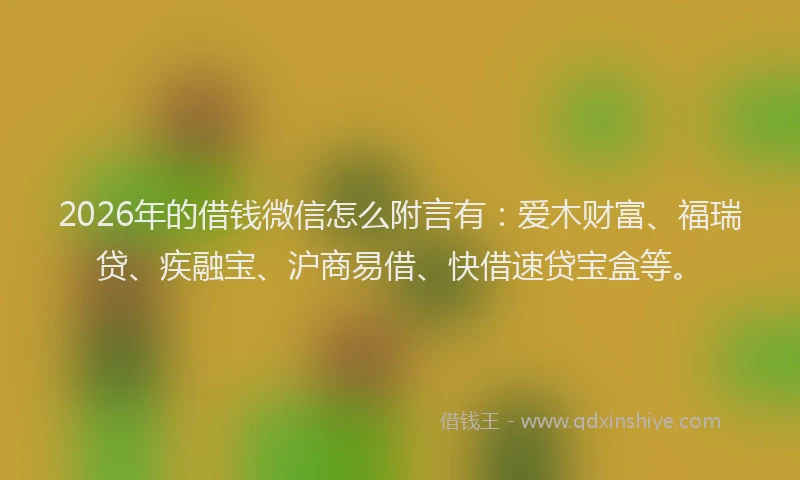 2026年的借钱微信怎么附言有：爱木财富、福瑞贷、疾融宝、沪商易借、快借速贷宝盒等。