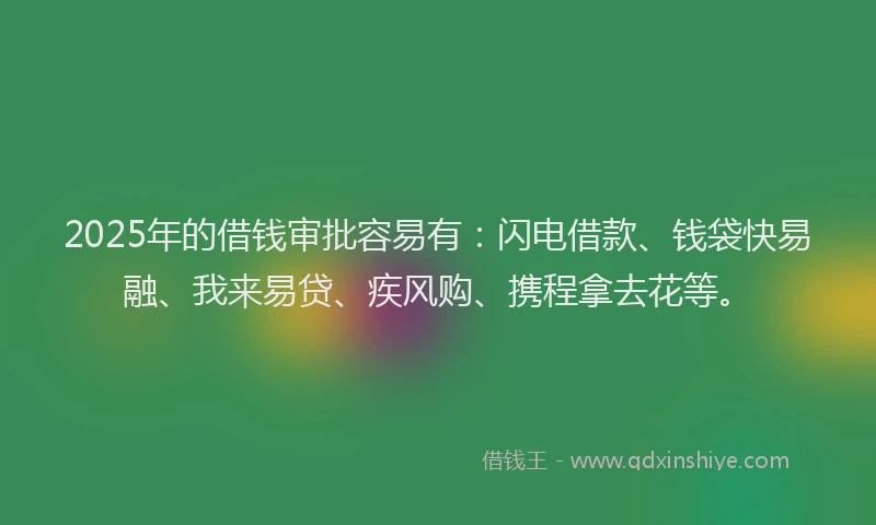 2025年的借钱审批容易有：闪电借款、钱袋快易融、我来易贷、疾风购、携程拿去花等。