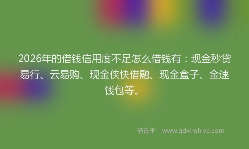 2026年的借钱信用度不足怎么借钱有:现金秒贷易行、云易购、现金侠快借融、现金盒子、金速钱包等。