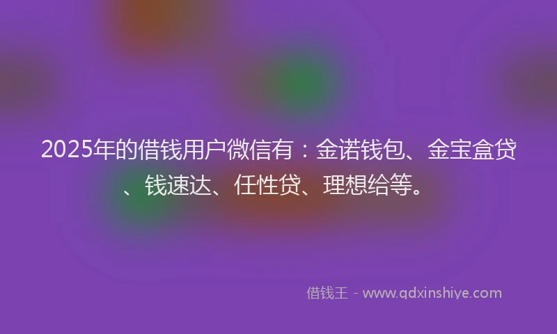 2025年的借钱用户微信有：金诺钱包、金宝盒贷、钱速达、任性贷、理想给等。