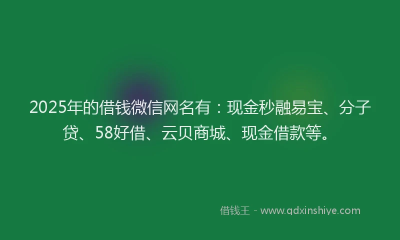 2025年的借钱微信网名有：现金秒融易宝、分子贷、58好借、云贝商城、现金借款等。