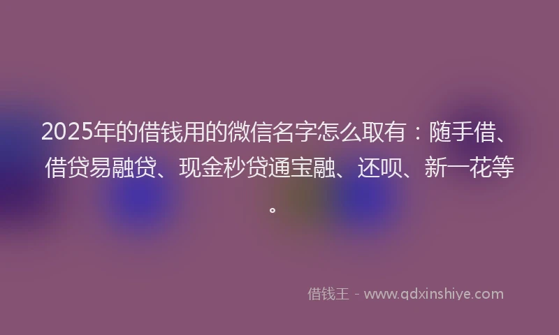 2025年的借钱用的微信名字怎么取有：随手借、借贷易融贷、现金秒贷通宝融、还呗、新一花等。