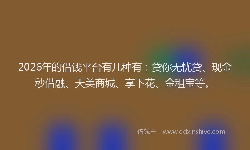 2026年的借钱平台有几种有：贷你无忧贷、现金秒借融、天美商城、享下花、金租宝等。