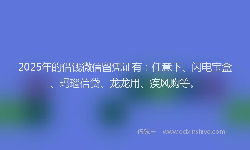 2025年的借钱微信留凭证有：任意下、闪电宝盒、玛瑙信贷、龙龙用、疾风购等。