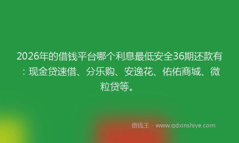 2026年的借钱平台哪个利息最低安全36期还款有：现金贷速借、分乐购、安逸花、佑佑商城、微粒贷等。