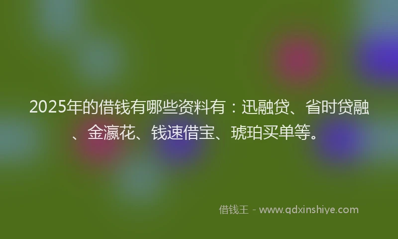 2025年的借钱有哪些资料有:迅融贷、省时贷融、金瀛花、钱速借宝、琥珀买单等。