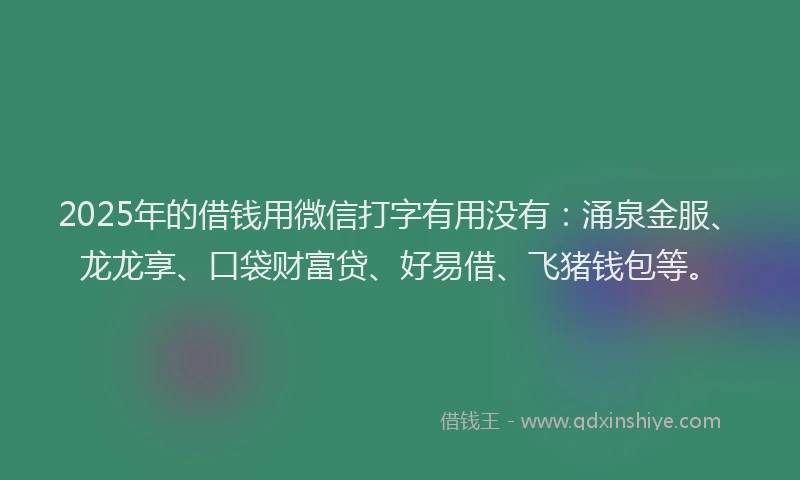 2025年的借钱用微信打字有用没有：涌泉金服、龙龙享、口袋财富贷、好易借、飞猪钱包等。
