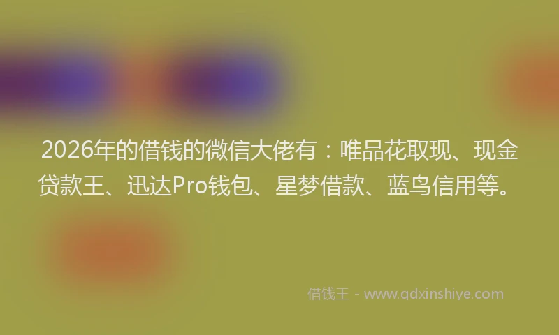 2026年的借钱的微信大佬有：唯品花取现、现金贷款王、迅达Pro钱包、星梦借款、蓝鸟信用等。