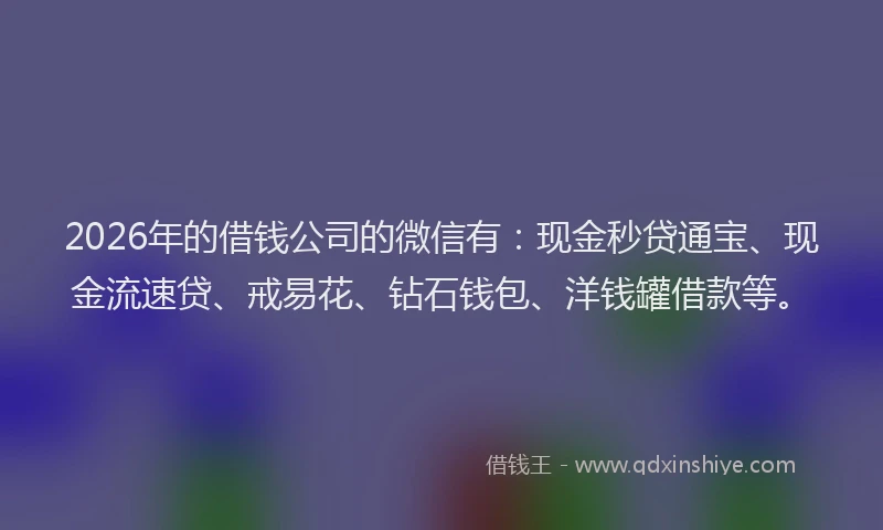 2026年的借钱公司的微信有:现金秒贷通宝、现金流速贷、戒易花、钻石钱包、洋钱罐借款等。