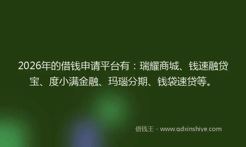 2026年的借钱申请平台有：瑞耀商城、钱速融贷宝、度小满金融、玛瑙分期、钱袋速贷等。
