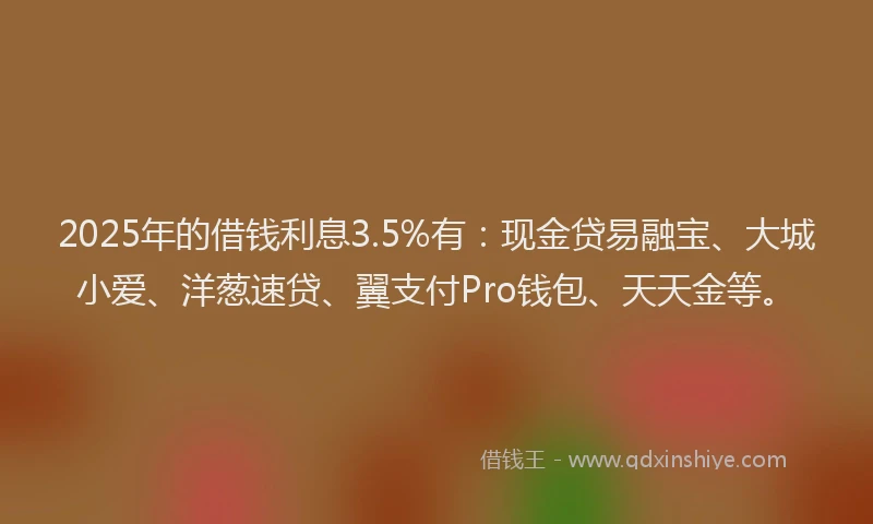 2025年的借钱利息3.5%有：现金贷易融宝、大城小爱、洋葱速贷、翼支付Pro钱包、天天金等。