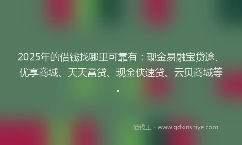 2025年的借钱找哪里可靠有：现金易融宝贷途、优享商城、天天富贷、现金侠速贷、云贝商城等。