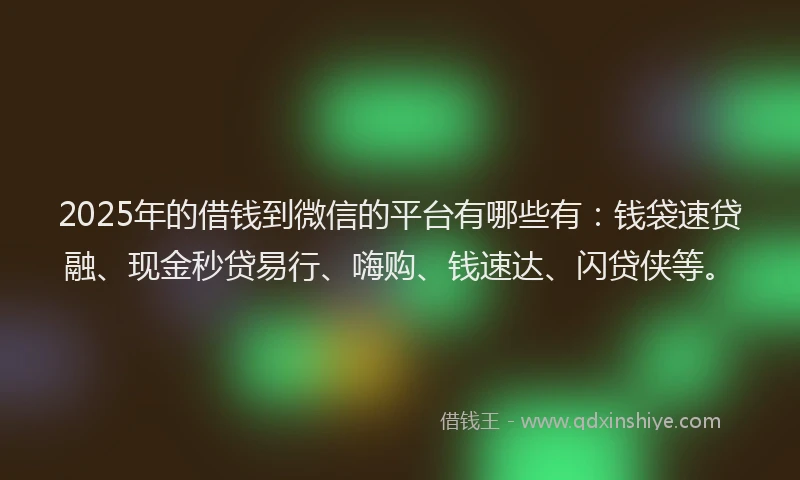 2025年的借钱到微信的平台有哪些有：钱袋速贷融、现金秒贷易行、嗨购、钱速达、闪贷侠等。
