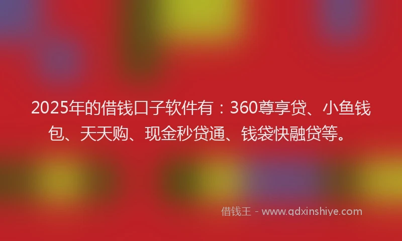 2025年的借钱口子软件有：360尊享贷、小鱼钱包、天天购、现金秒贷通、钱袋快融贷等。