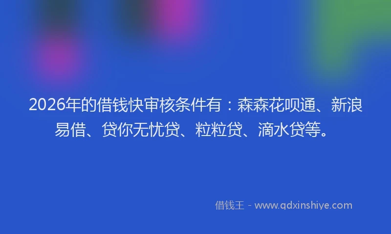 2026年的借钱快审核条件有：森森花呗通、新浪易借、贷你无忧贷、粒粒贷、滴水贷等。