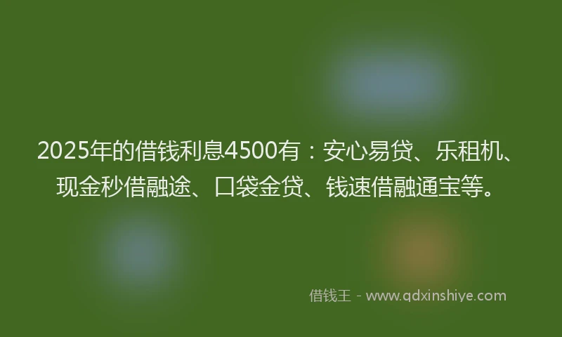 2025年的借钱利息4500有：安心易贷、乐租机、现金秒借融途、口袋金贷、钱速借融通宝等。