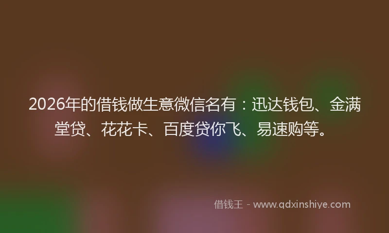 2026年的借钱做生意微信名有：迅达钱包、金满堂贷、花花卡、百度贷你飞、易速购等。