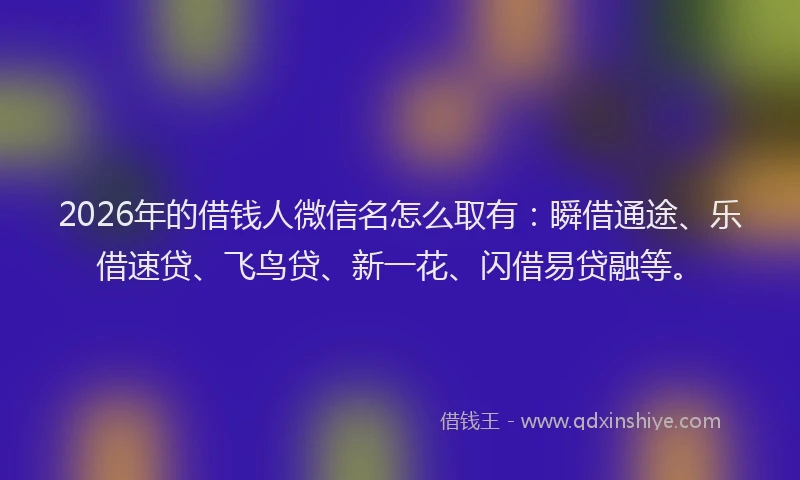 2026年的借钱人微信名怎么取有：瞬借通途、乐借速贷、飞鸟贷、新一花、闪借易贷融等。