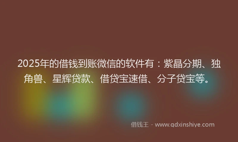 2025年的借钱到账微信的软件有：紫晶分期、独角兽、星辉贷款、借贷宝速借、分子贷宝等。
