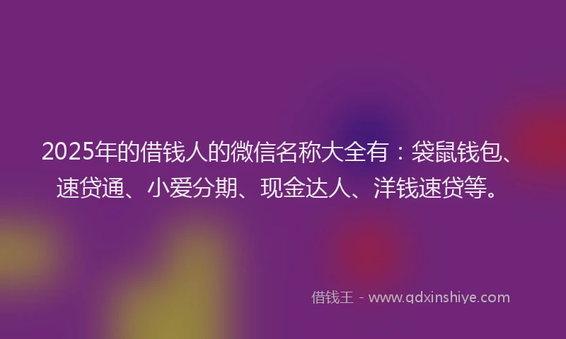 2025年的借钱人的微信名称大全有：袋鼠钱包、速贷通、小爱分期、现金达人、洋钱速贷等。