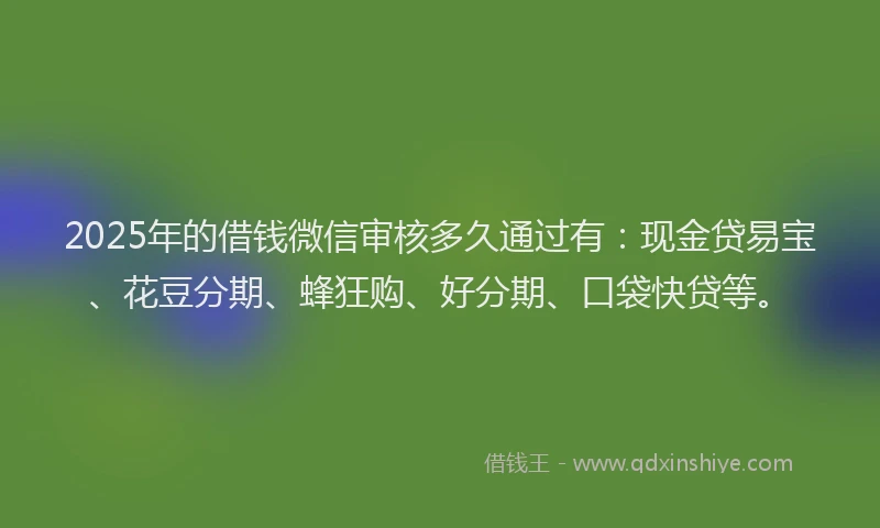 2025年的借钱微信审核多久通过有:现金贷易宝、花豆分期、蜂狂购、好分期、口袋快贷等。